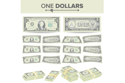 1 Dollar Banknote Vector. Cartoon US Currency. Two Sides Of One American Money Bill Isolated Illustration. Cash Symbol 1 Dollar Stacks