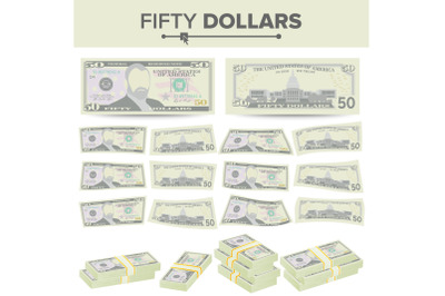 50 Dollars Banknote Vector. Cartoon US Currency. Two Sides Of Fifty American Money Bill Isolated Illustration. Cash Symbol 50 Dollars Stacks