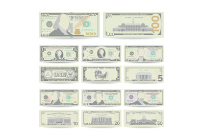 Dollars Banknote Set Vector. Cartoon