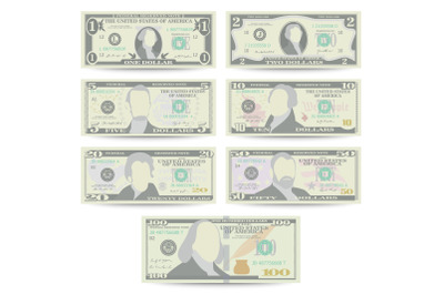 Dollars Banknote Set Vector. Cartoon