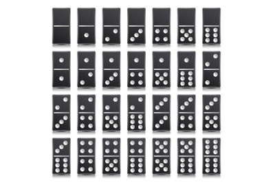 Domino Full Set Vector Realistic Illustration. Black Color. Classic Game Dominoes Bones Isolated On White. Top View. For A Game. 28 Pieces