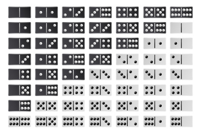 Domino Full Big Set Vector. Black And White Color. Realistic Dominoes Bones Collection Isolated On White. 28 Pieces For Game