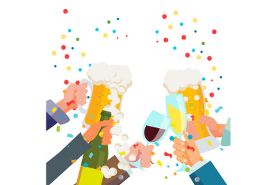 Drink Party Poster Vector. Chin-Chin. Victory Celebration Concept. Clinking Glasses With Alcohol. Isolated Flat Illustration