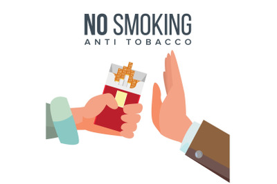 No Smoking Concept Vector. Anti Tobacco. Hand Offers To Smoke Holding A Pack Of Cigarettes. Gesture Rejection. Proposal Smoke. Isolated Flat Cartoon Illustration