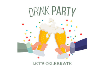 Drink Office Party Poster Vector. Hands Holding Beer Glasses. Clinking Glasses With Alcohol. Chin-Chin. Isolated Flat Illustration