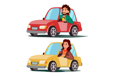 Driver People Vector. Man, Woman Sitting In Modern Automobile. Buy A New Car. Driving School Concept. Happy Female, Male Motorist. Isolated Flat Cartoon Character Illustration