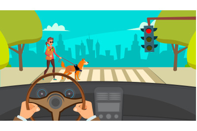 Hands Driving Car Vector. Highway. Inside A Car. Flat Illustration