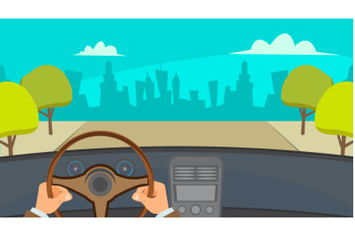 Hands Driving Car Vector. City Traffic Jam. Urban Background. Flat Illustration