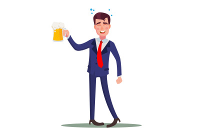 Drunk Businessman Vector. Relaxing Concept. Meet Up Party. Celebrating Victory In Office. Flat Cartoon Illustration