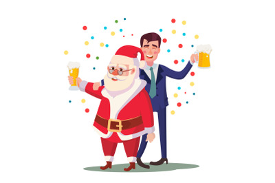 Drunk Man And Santa Claus Vector. Corporate Christmas Party At Restaurant Or Office. Relaxing Celebrating Concept. Isolated Flat Cartoon Character Illustration