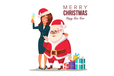 Drunk Woman And Funny Santa Claus Vector. Corporate Christmas Party At Restaurant Or Office. Meet Up Business Party. Celebrating Concept. Isolated Flat Cartoon Character Illustration