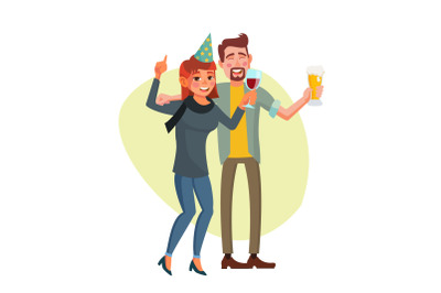 Corporate Party Vector. Smiling Drunk Man And Woman. Relaxing Celebrating Concept. Party At Restaurant Or Office. People Dancing, Having fun. Isolated Flat Cartoon Character Illustration