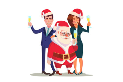 Corporate Christmas Party Vector. Man, Woman And Santa Claus. End Of The Year On Restaurant Or Office. Relaxing New Year Winter Celebrating Concept. Isolated Flat Cartoon Character Illustration