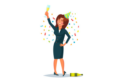 Drunk Business Woman Vector. Corporate Party. Relaxing Concept. Meet up Party. Celebrating Victory In Office. Flat Cartoon Illustration