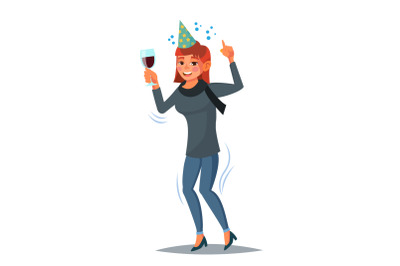 Drunk Office Female Worker Vector. Have Fun. Cheers Party Concept. Celebrating, Gesturing. Isolated On White Cartoon Character Illustration