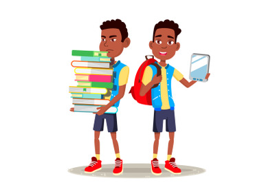 E-Book Reader Vector. Boy, Afro American Child. Contemporary Education. Paper Book VS E-book. Isolated Flat Cartoon Illustration