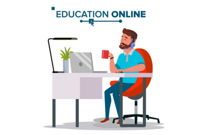 Education Online Vector. Home Online Education Service. Young Man In Headphones Working With Computer. Modern Learning Technology. Isolated Flat Cartoon illustration