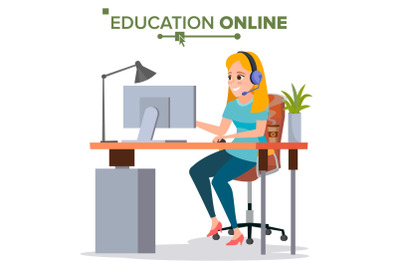 Education Online Vector. Young Handsome Woman In Headphones Sitting. Home Online Training Course. Modern Study Technology. Isolated Flat Cartoon illustration