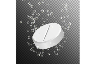 Effervescent Medicine. Fizzy Tablet Dissolving. White Round Pill Falling In Water With Bubbles. Transparent Background. 3D Realistic Illustration