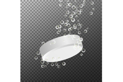 Soluble Drug With Fizzy Isolated On Checkered Background. Vector Illustration. Vitamin In Water Effervescent, Three Dissolving Tablets. 3D Realistic Illustration