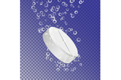 Soluble Drug Isolated On Transparent Background. Vector Illustration. Vitamin In Water Effervescent. 3D Realistic Bubbles