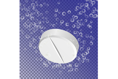 Effervescent Medicine. Fizzy Tablet Dissolving. White Round Pill Falling In Water With Bubbles. Transparent Background. 3D Realistic Illustration