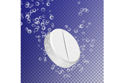 Effervescent Soluble Tablet Pill. Sparkling Water Bubbles Trails. Vitamin C Or Acetylsalicylic Acid aspirin Pill Falling Down In Water On Transparent Background. 3D Realistic Illustration