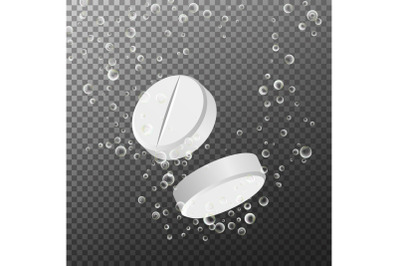 Soluble Drug With Fizzy Isolated On Checkered Background. Vector Illustration. Vitamin In Water Effervescent, Three Dissolving Tablets. 3D Realistic Illustration