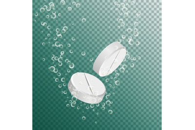 Soluble Drug Isolated On Transparent Background. Vector Illustration. Vitamin In Water Effervescent. 3D Realistic Bubbles