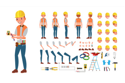 Electrician Vector. Animated Character Creation Set. Electronic Tools And Equipment. Full Length, Front, Side, Back View, Accessories, Poses, Face Emotion, Gestures. Isolated Flat Cartoon Illustration