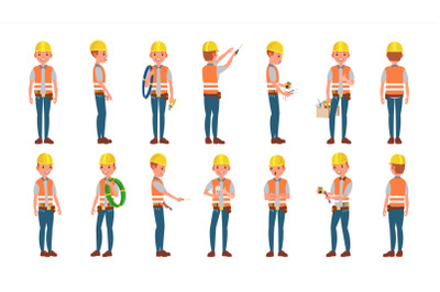 Classic Electrician Vector. Different Poses. Working Man. Isolated Flat Cartoon Character Illustration