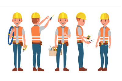 Electrician Vector. Different Poses. Working Process. Flat Cartoon Illustration