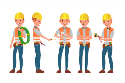 Professional Electrician Vector. Different Poses. Performing Electrical Work. Isolated On White Cartoon Character Illustration