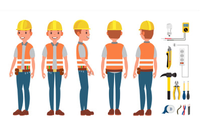 Electrician Worker Male Vector. Makes Electrical Equipment. Different Poses. Cartoon Character Illustration