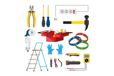 Electrician Icons Set Vector. Electrician Accessories. Stepladder, Gloves, Light Bulb, Wire, Screwdriver, Lantern, Knife, Voltmeter, Wire. Isolated Flat Cartoon Illustration