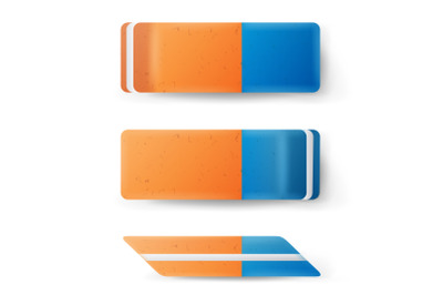 Eraser Isolated Vector. Classic Blue Orange Rubber Sign. Realistic Illustration