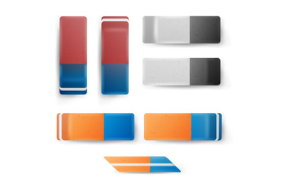 Realistic Eraser Set Vector. Classic Blue Orange, Grey White Rubber Icon. Isolated Illustration