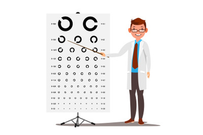 Male Ophthalmology Vector. Sight, Eyesight. Optical Examination. Doctor And Eye Test Chart In Clinic. Ophthalmologist Examining Patient. Medicine Concept. Isolated Flat Cartoon Illustration