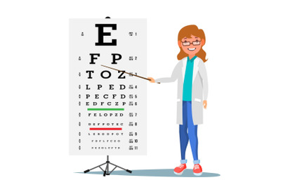 Female Ophthalmology Vector. Medical Eye Diagnostic. Doctor And Eye Test Chart In Clinic. Eyesight Acuity Exam Diagnostic Of Myopia. Vision Exam. Medicine Concept. Isolated Flat Cartoon Illustration