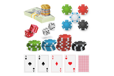 Casino Design Elements Vector. Poker Chips, Playing Cards, Craps. Isolated Illustration