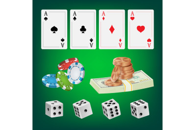 Poker Design Elements Vector. Chips, Money Stacks, Playing Gambling Cards. Royal Fortune Club Concept. Illustration