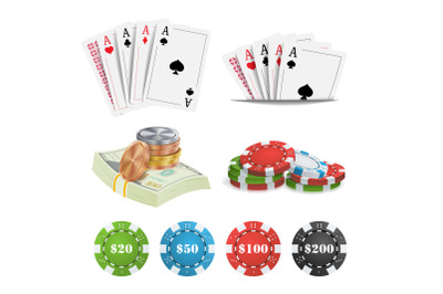 Casino Design Elements Vector. Poker Cards, Chips, Playing Gambling Cards. Lucky Night VIP Winner Isolated Illustration