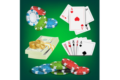 Poker Design Elements Vector. Money Stacks, Chips, Playing Gambling Cards. Royal Casino Retro Poker Club Illustration