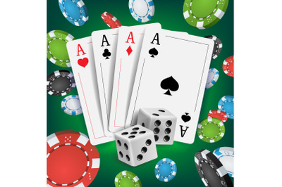 Casino Poker Design Vector. Poker Cards, Playing Gambling Cards. Poker Cards, Chips, Playing Gambling Cards. Online Casino Lucky Background Concept. Realistic Illustration