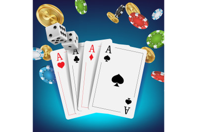 Casino Poker Design Vector. Poker Cards, Chips, Playing Gambling Cards. Royal Poker Club Emblem Concept. Fortune Background Realistic Illustration