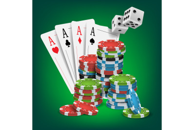 Casino Poker Design Vector. Poker Cards, Chips, Playing Gambling Cards. Lucky Night VIP Winner Concept. Illustration