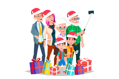 Christmas Family Portrait Vector. Big Happy Family. Traditional Event. Santa Hats. New Year Gifts. Parents, Grandparents, Children. Greeting, Postcard, Colorful Design. Isolated Cartoon Illustration