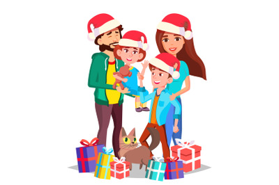 Christmas Family Vector. Mom, Dad, Children Together. In Santa Hats. Full Family. Celebrating. Decoration Element. Isolated Cartoon Illustration