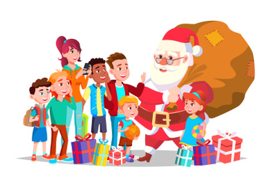 Santa Claus With Children Vector. Happy Children. Winter Holidays. Merry Christmas And Happy New Year. Sales Design. Isolated Cartoon Illustration