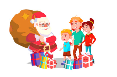 Santa Claus With Children Vector. Cheerful Kids. Winter Holidays. Happy. New Year Gifts. Banner, Flyer, Brochure Design. Isolated Cartoon Illustration